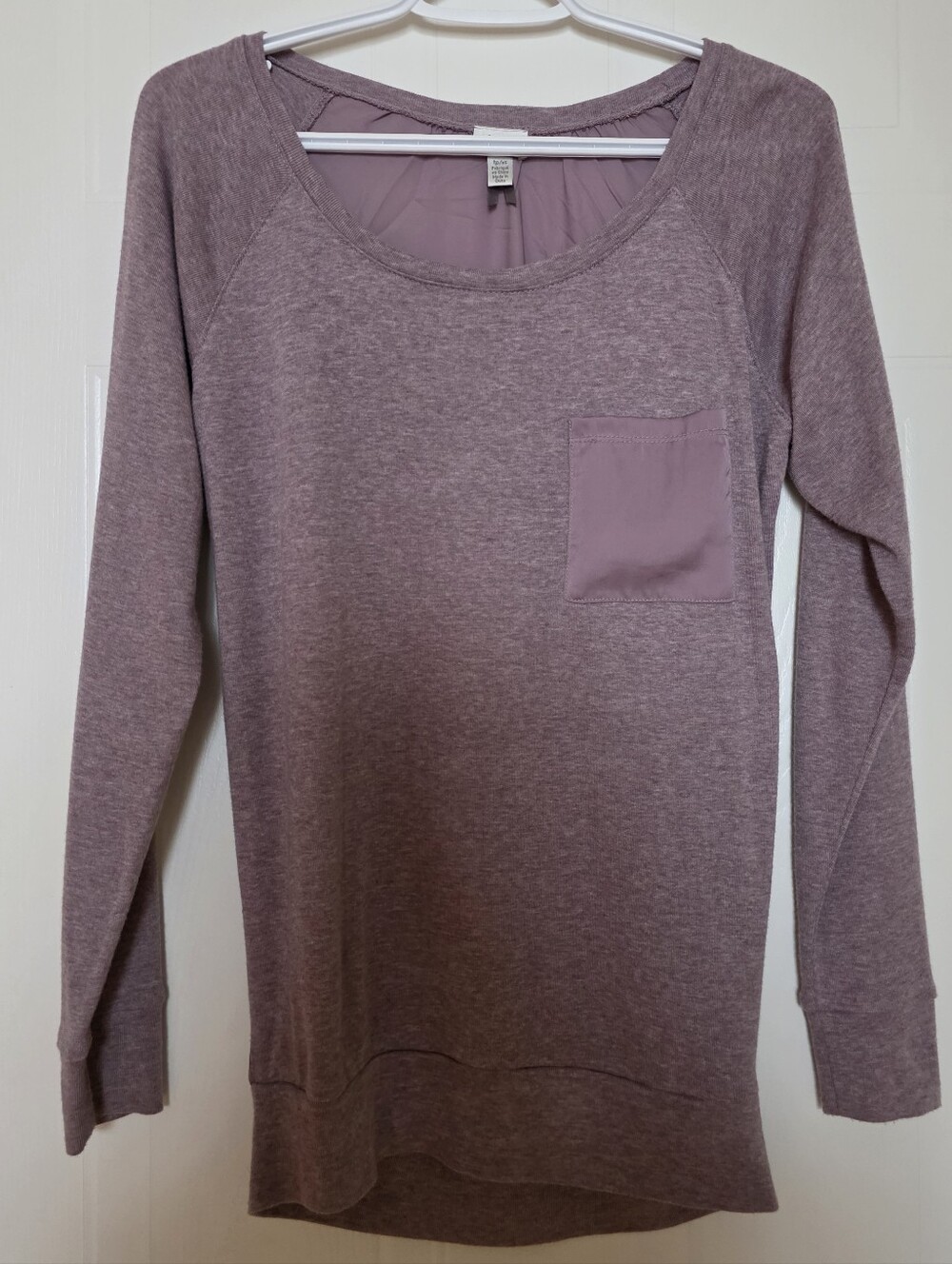 Dynamite Scoop Neck Long Sleeve Pocket Mixed Media Top, Dusty Mauve, XS
